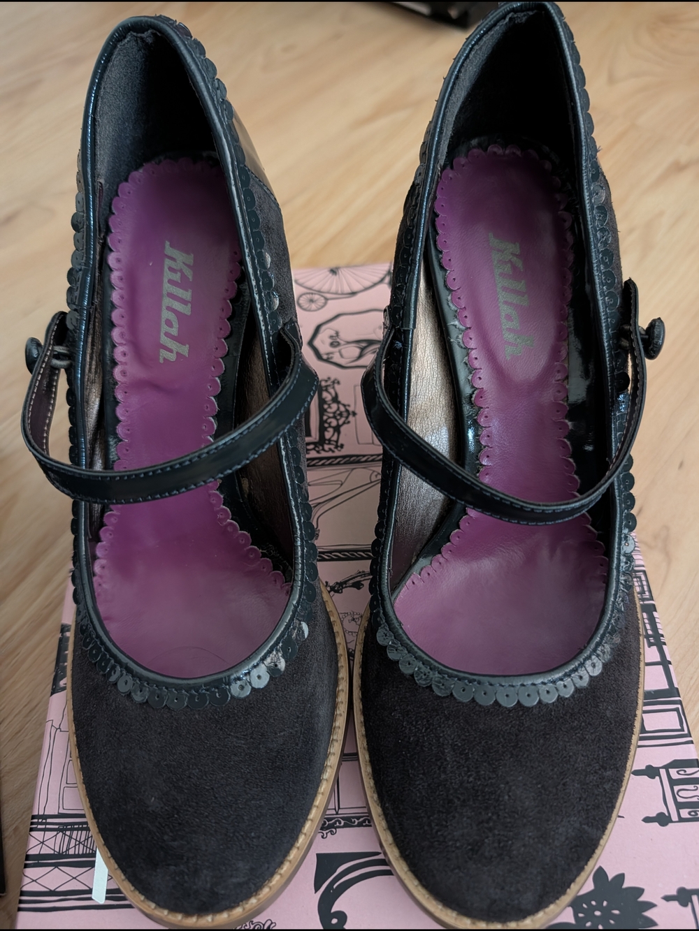 Killah Black Suede Mary Jane Heels with Purple Insole